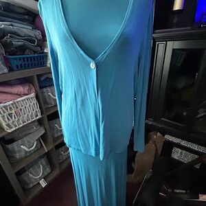 Teal Long Sleeve Cardigan and Skirt Set